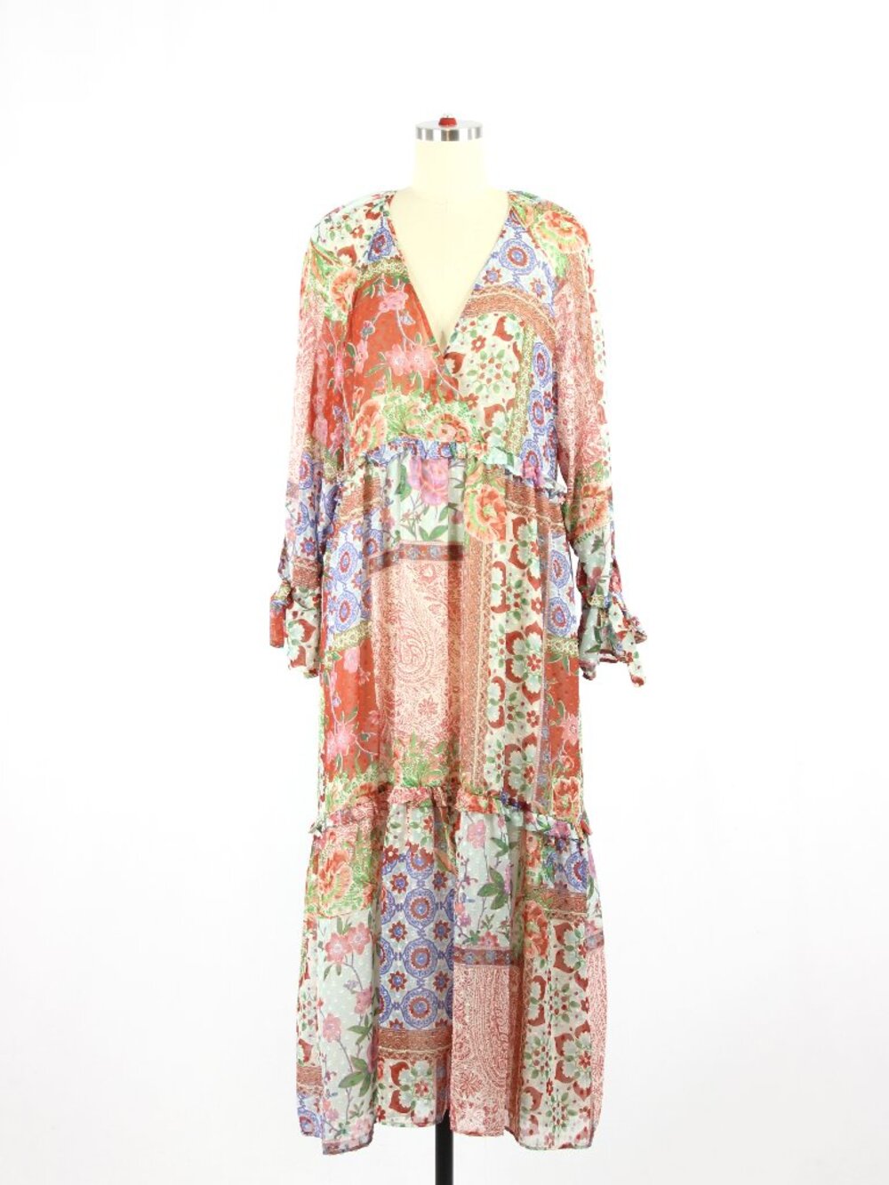 ZARA Floral Geometric Patchwork Dot Fil Coupe Chiffon A-Line Midi Dress, Size M